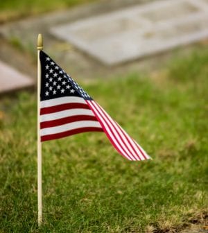 A single United States (American) flag marks an unidentified grave of a veteran who had given his all to save freedom and the rights of others. A wind gently begins unfurling the flag. This is a vertical image, and any grave or partial grave shown is not identifiable. Copy space available.