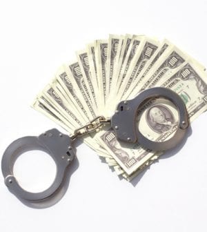 Dirty money or jail? Daylight shooting of police clamp and a stack of money.