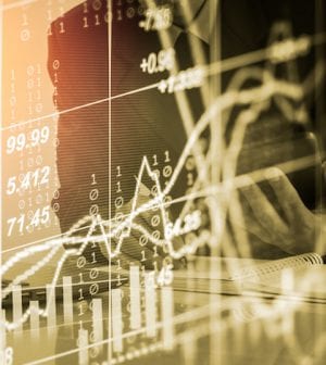 Business man on digital stock market financial background. Digital business and stock market financial on LED concept. Double exprosure of business man and digital stock market financial.