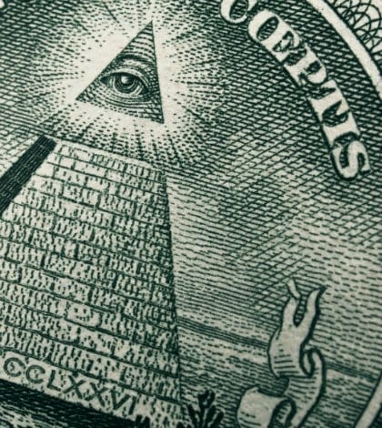 Great press of the USA. Big pyramid with an eye of the architect of the Universe. Secret signs on the Masonic order. Note reverse one dollar