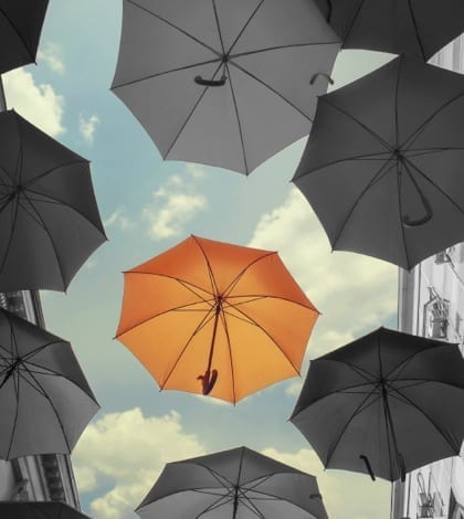 Stand out umbrella Photo of colored umbrella among the sea of black and white ones. Above this color umbrela is blue sky indicating success.