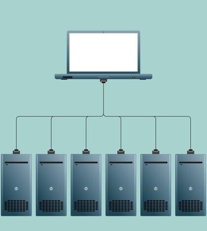 Vector illustration of a laptop connected to several servers.