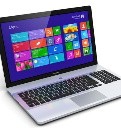Modern laptop Modern laptop, notebook or computer PC with touchscreen interface with color icons isolated on white background