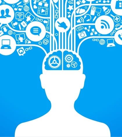 Blue Ideas tk 2 420 social network, communication in the global computer networks. silhouette of a human head with an interface icons.