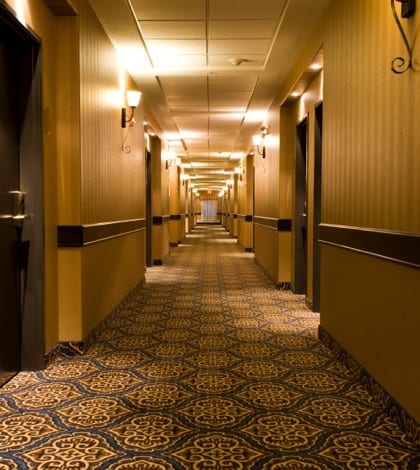 Hotel hallway Long carpeted hall