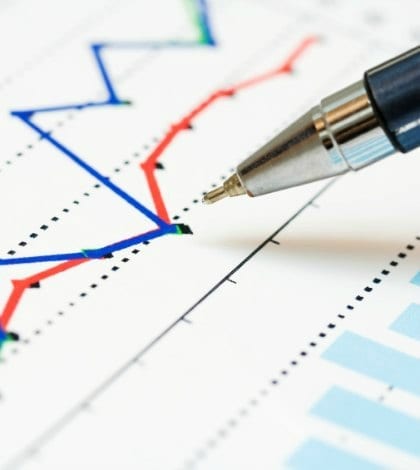 Ballpoint pen and stock market graphs.