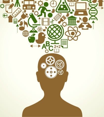 Silhouette of a human head with gears in place of the brain. Above his head is a lot of icons. The concept of  education