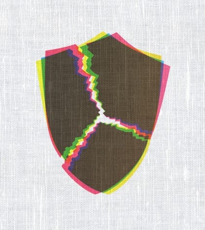 Safety concept: Broken Shield on fabric texture background Safety concept: CMYK Broken Shield on linen fabric texture background, 3d render
