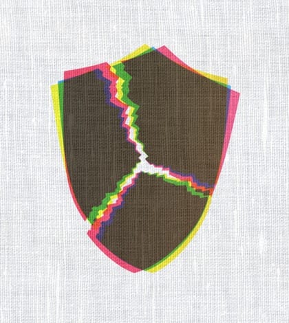 Safety concept: CMYK Broken Shield on linen fabric texture background, 3d render