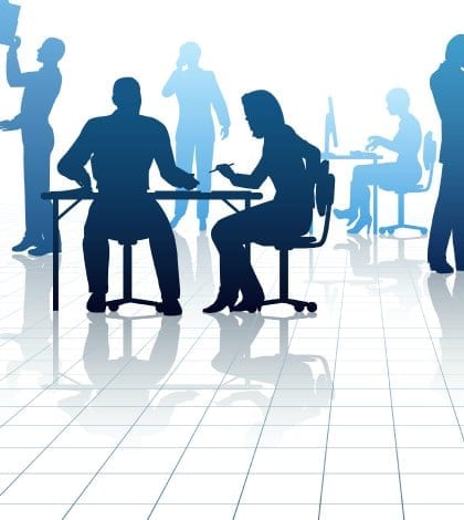 Editable vector silhouettes of people in a busy office with reflections Editable vector silhouettes of people in a busy office with reflections