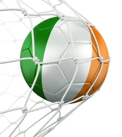 3d rendering of a Irish soccer ball in a net