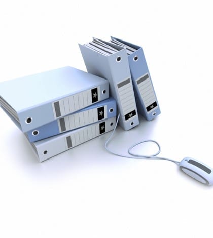 Online filing 3D-rendering of a group of blue ring binders connected to a computer mouse