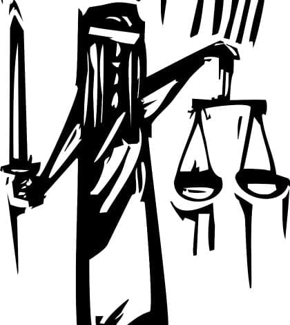 Woodcut expressionist style of the metaphor for blind justice.