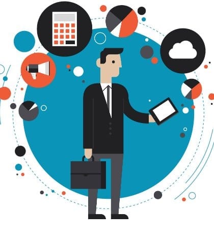 Flat design style modern vector illustration concept of businessman in stylish suit using mobile phone or digital tablet for business process organization, lifestyle routine, internet browsing and other tasks. Isolated on white background