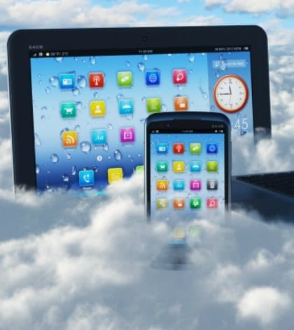 iStock_000023413317 APPS SITES 420 Creative cloud computing concept: modern laptop notebook, tablet computer PC and black glossy touchscreen smartphone in the blue sky with clouds