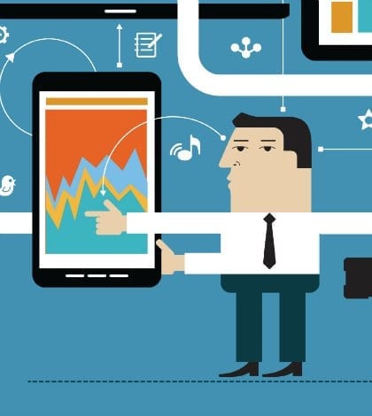 Business people in the online space. Network concept. Abstract illustration of man, computer, tablet, phone and interface icons. Business technology