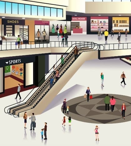 A vector illustration of scene inside shopping mall A vector illustration of scene inside shopping mall