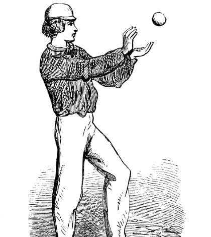 OLD BASEBALL CATCHER 000018006072 420 Antique illustration of a baseman. Published in Americans Boy Book of Sports and Games, Dick & Fitzgerald (New York, 1864).