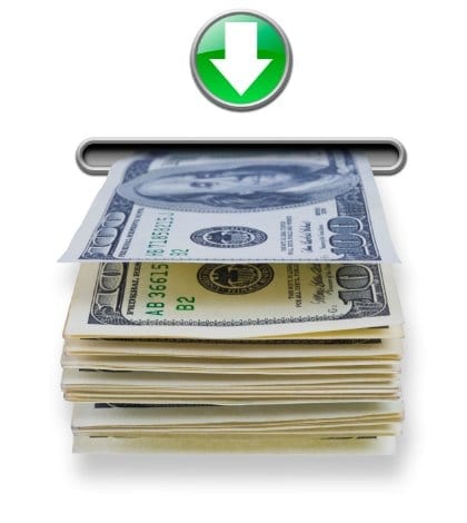 US dollar money stack dispensed from imaginary atm cash machine