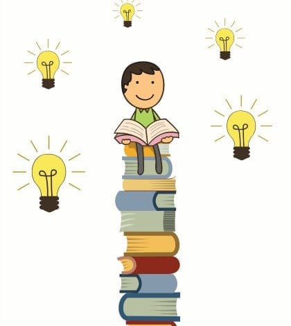 Boy reading book and sitting on stack of books with idea light bulbs around hime. Knowledge and education concept.