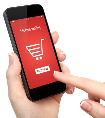 isolated woman hands holding touch phone and make online shopping