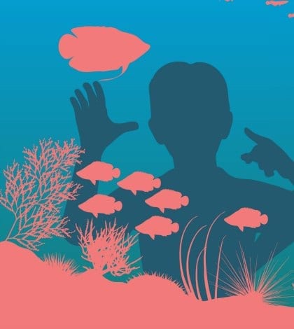 Editable vector illustration of mother and son looking at fish in an aquarium