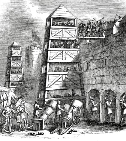 Vintage engraving showing a Beffroi or Belfry Siege tower,1864