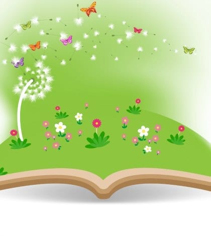 Spring with dandelion in the book Spring with dandelion in the book