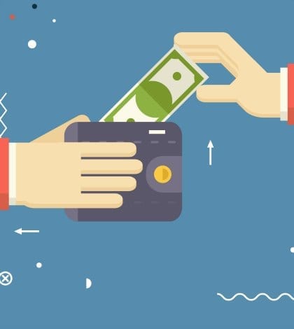 PAY MONEY WALLET TAKE 46871868 420 Payment Symbol Human hands holding Banknote and Wallet on Stylish Background Modern Flat Design Vector Illustration