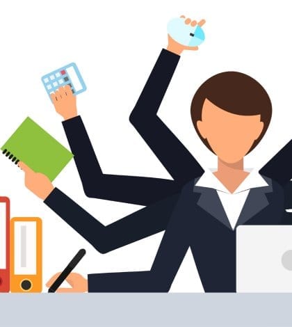 Lawyer machine busy arms worker 79006941 420 Office job stress work vector illustration. Stress on work. Business woman day. Office life business girl. Business situation. People in action. Computer, table, many hands. Office people. Stress job