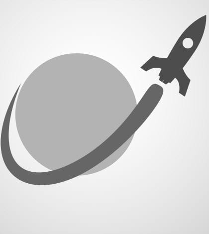 Simple icon in black color of space rocket flying near planet.