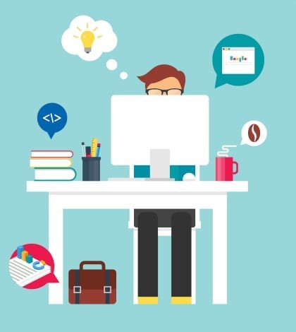 Man sitting at the table and working on the computer in the office. Vector illustration, flat style