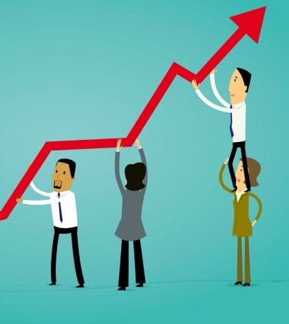 Group of cartoon business people holding an arrow Group of cartoon business people holding an arrow