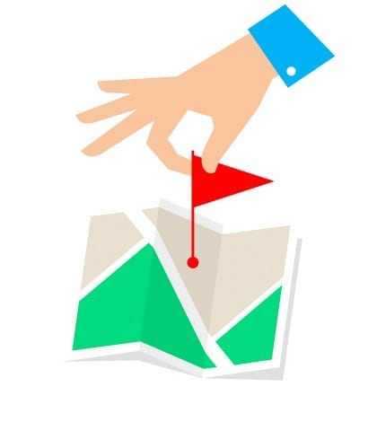 Rout pointer concept. Flat vector illustration of map and hand with flag marker. Man is routing a rout and pointing a place on the plan. Infographic element for web, publishing, social networks.