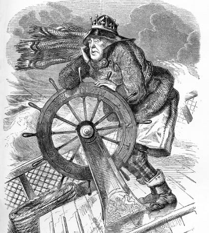 You are requested not to speak to the man at the wheel.   Vintage engraving showing a captain asleep at the wheel of the ship during a storm. Engraving from 1854, photo by D Walker.