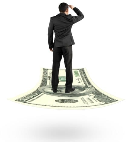 money watching see inspect 86060025 420 Rear view businessman standing on money flying carpet and watching the front, isolated on white background.