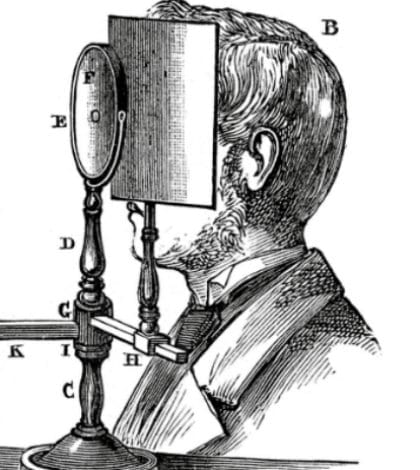 Vintage engraving of a Ruete's Ophthalmoscope. 1884