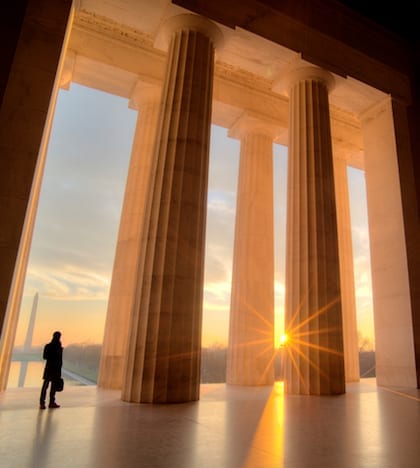 Lincoln Memorial at sunrise Businessman inside Lincoln Memorial at sunrise
