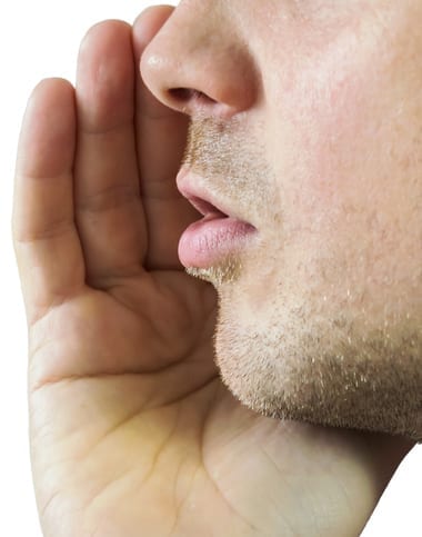 Whisper man whispers with reproached hand and another listens to him