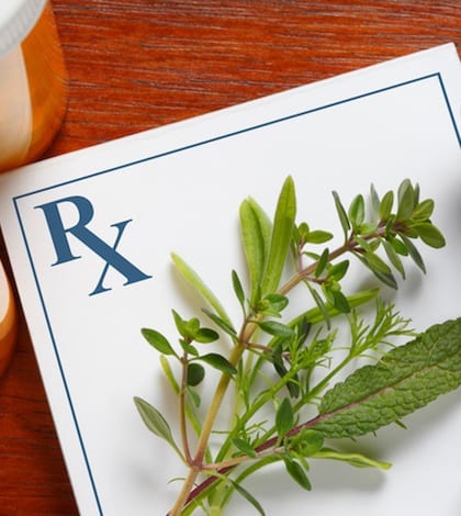Herbs sitting on a doctor's prescription pad.