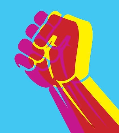 Coloful clenched fist poster in sign of protest Hand revolution. Vector. Magenta, Yellow, Red hand symbol on Blue background. Transparency design symbol.