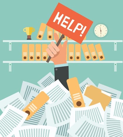 Lots of work concept Overworked businessman under a lot of documents and holding a HELP placard on office background with shelves full of binders. A lot of work concept. Vector colorful illustration in flat design