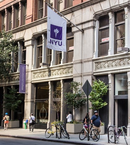 New York City, New York, USA - September 13, 2013: Street view of New York University NYU in Greenwich Village Manhattan. There are people visible in this image.