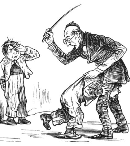Steel engraving Elderly school teacher punishing a boy with a cane from 1876
Original edition from my own archives.
Source : Fliegende Blätter 1876