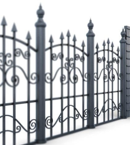 Metal fence and gate on a white background, view angle. 3d rendering.