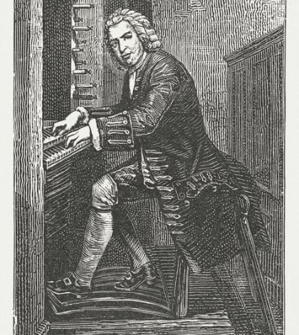 Johann Sebastian Bach playing the organ. Woodcut engraving after an original byEdouard Jean Conrad Hamman (Belgian-French painter, engraver and illustrator, 1819-1888) from the book "Die Welt in Bildern (The World in pictures)" by Dr. Chr. G. Hottinger. Published by himself, 1881