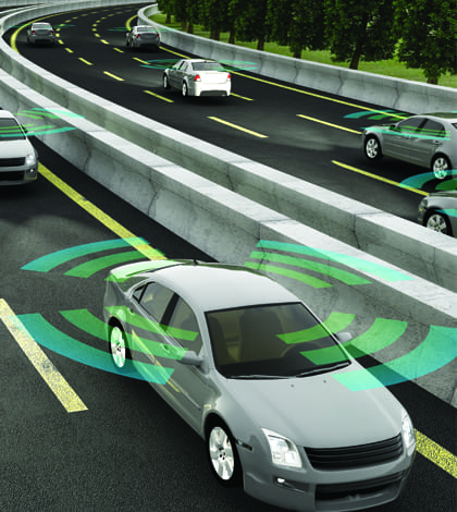 Autonomous cars on a road with visible connection Autonomous cars on a road with visible connection