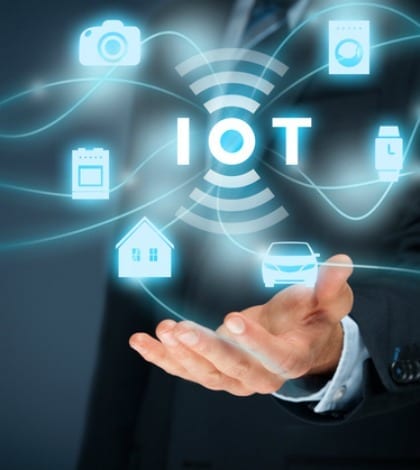 Internet of things (IoT) concept. Businessman offer IoT solution represented by symbol connected with icons of typical IoT – intelligent house, car, camera, watch, washing machine and cooker.