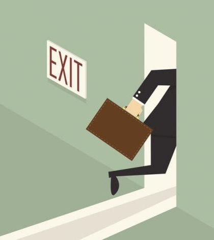 Exit businessman walking to exit door, eps 10 vector illustration