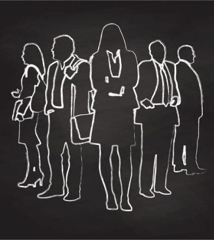 A chalk outline vector silhouette illustration of men protesting.  They march and carry signs.